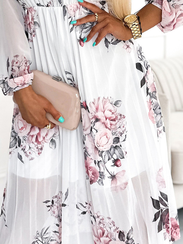 numoco Rakott midi ruha gombokkal és hosszú ujjakkal - rózsaszín fehér alapon Numoco CARLA