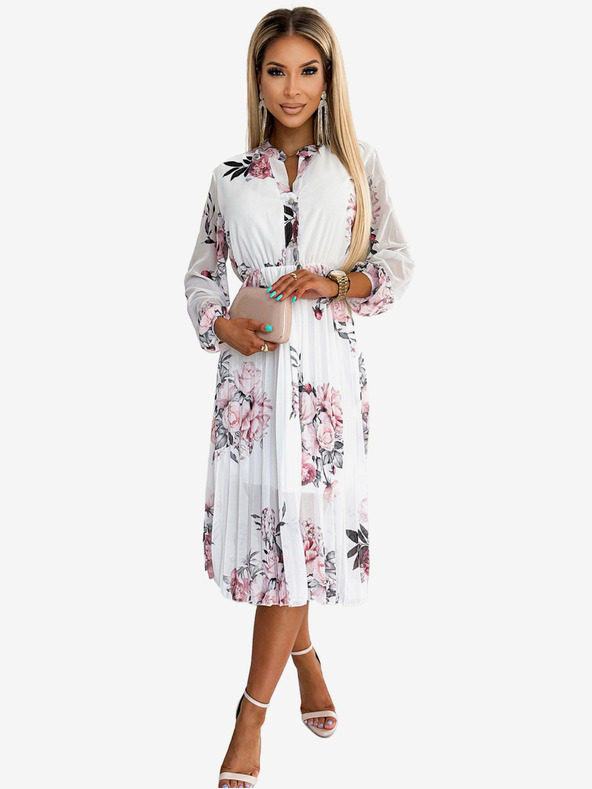 numoco Rakott midi ruha gombokkal és hosszú ujjakkal - rózsaszín fehér alapon Numoco CARLA