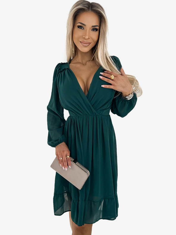numoco Sifon midi ruha hosszú ujjakkal és nyakkivágással - zöld Numoco MILA