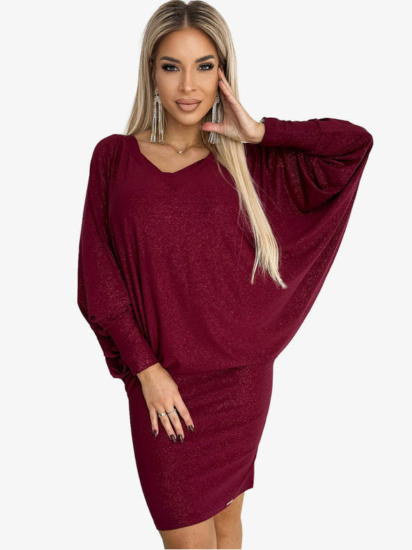 numoco Denevér ruha nyakkivágással - bordó, csillámokkal Numoco