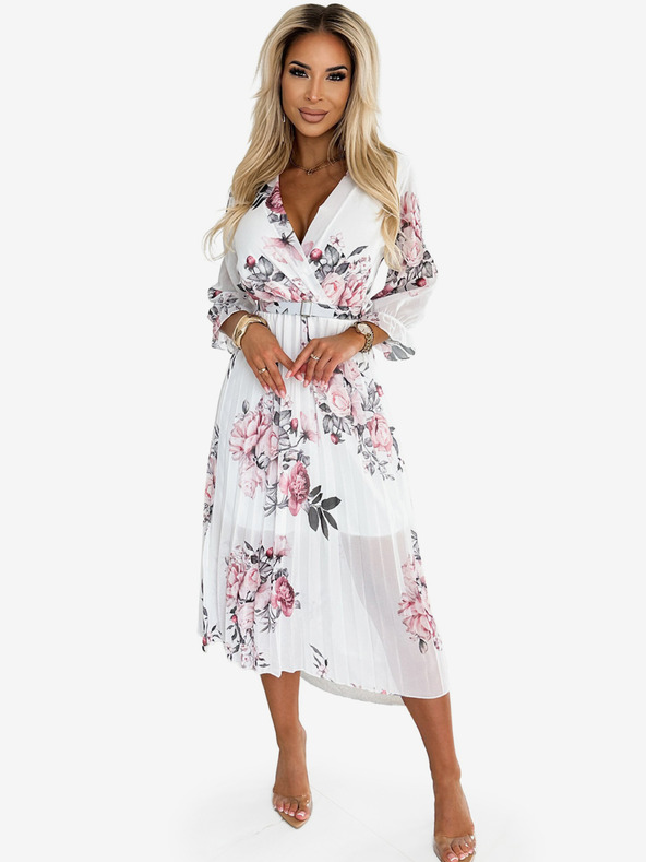 numoco Fodros midi ruha dekoltázzsal és övvel - rózsa fehér alapon Numoco YUNA