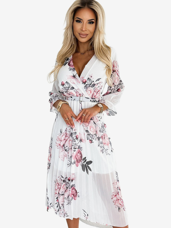 numoco Fodros midi ruha dekoltázzsal és övvel - rózsa fehér alapon Numoco YUNA