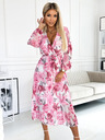 numoco Fodros midi ruha szív alakú nyakkivágással és hosszú ujjakkal - rózsaszín virágok fehér alapon Numoco GAJA