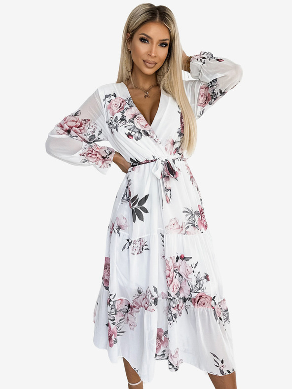 numoco Midi ruha nyakkivágással és övvel - fehér rózsákkal Numoco VALENTINA Numoco VALENTINA