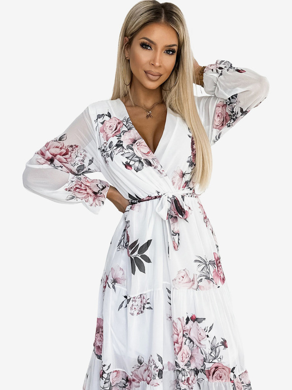 numoco Midi ruha nyakkivágással és övvel - fehér rózsákkal Numoco VALENTINA Numoco VALENTINA
