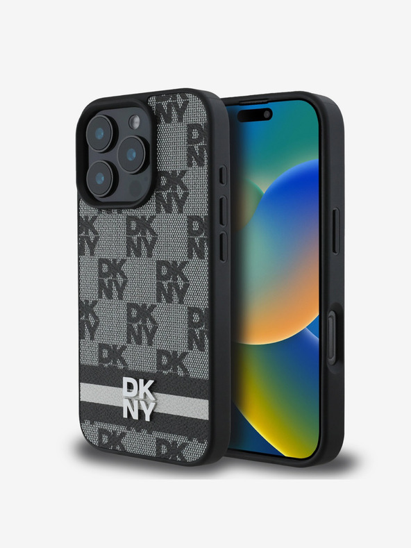 DKNY DKNY PU bőrből készült kockás mintás és csíkos hátlapi borító iPhone 16 Pro készülékhez Fekete
