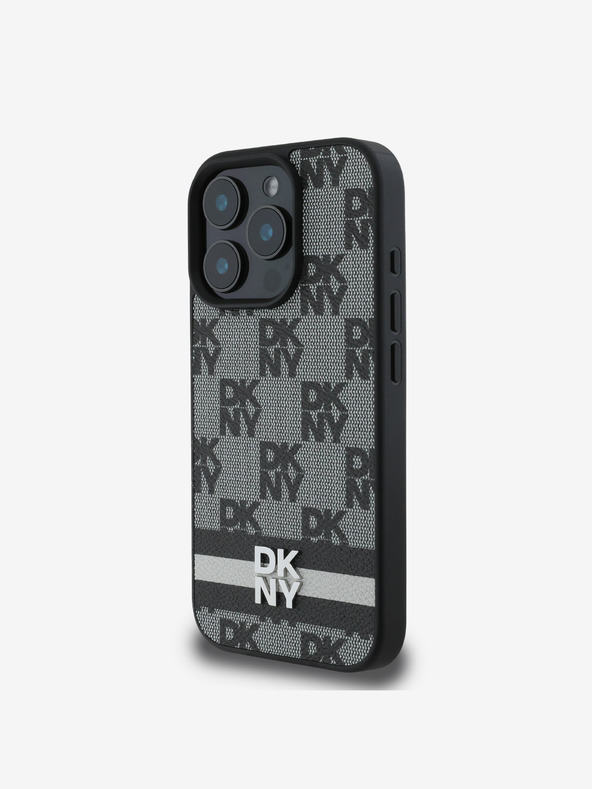 DKNY DKNY PU bőrből készült kockás mintás és csíkos hátlapi borító iPhone 16 Pro készülékhez Fekete