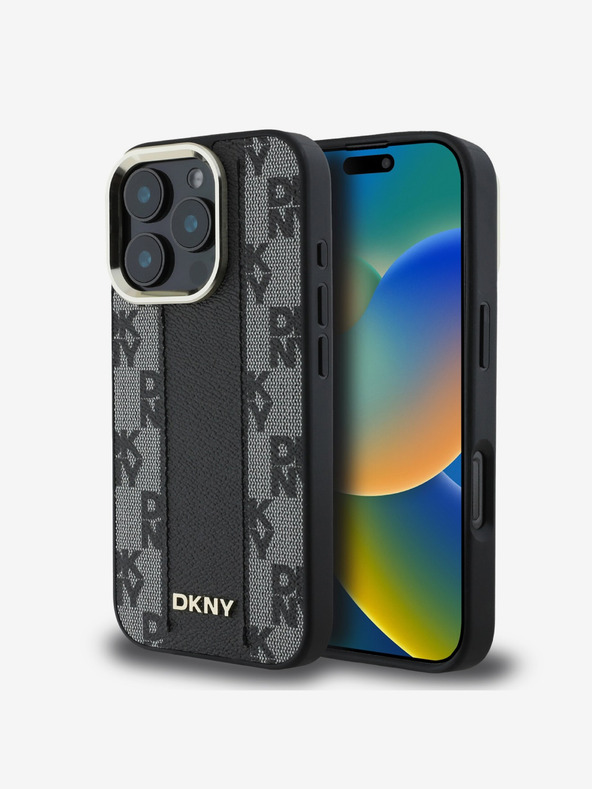 DKNY DKNY PU bőr kockás mintás Magsafe hátlap az iPhone 16 Pro készülékhez Fekete