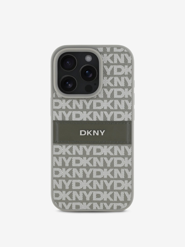 DKNY DKNY PU bőr ismétlődő mintás, tónusos csíkos hátlapi borító iPhone 16 Pro bézs színű készülékhez