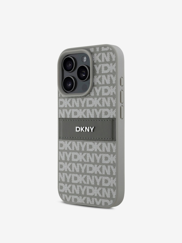 DKNY DKNY PU bőr ismétlődő mintás, tónusos csíkos hátlapi borító iPhone 16 Pro bézs színű készülékhez