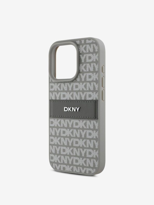 DKNY DKNY PU bőr ismétlődő mintás, tónusos csíkos hátlapi borító iPhone 16 Pro bézs színű készülékhez