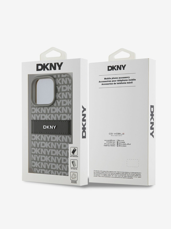 DKNY DKNY PU bőr ismétlődő mintás, tónusos csíkos hátlapi borító iPhone 16 Pro bézs színű készülékhez