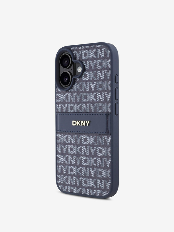 DKNY DKNY PU bőr ismétlődő mintás, tónusos csíkos hátlapi borító iPhone 16-hoz Kék