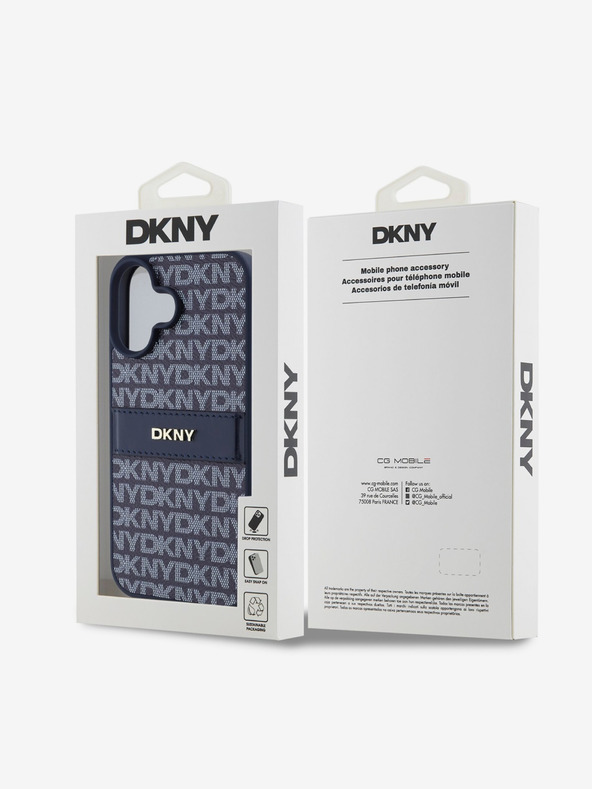 DKNY DKNY PU bőr ismétlődő mintás, tónusos csíkos hátlapi borító iPhone 16-hoz Kék
