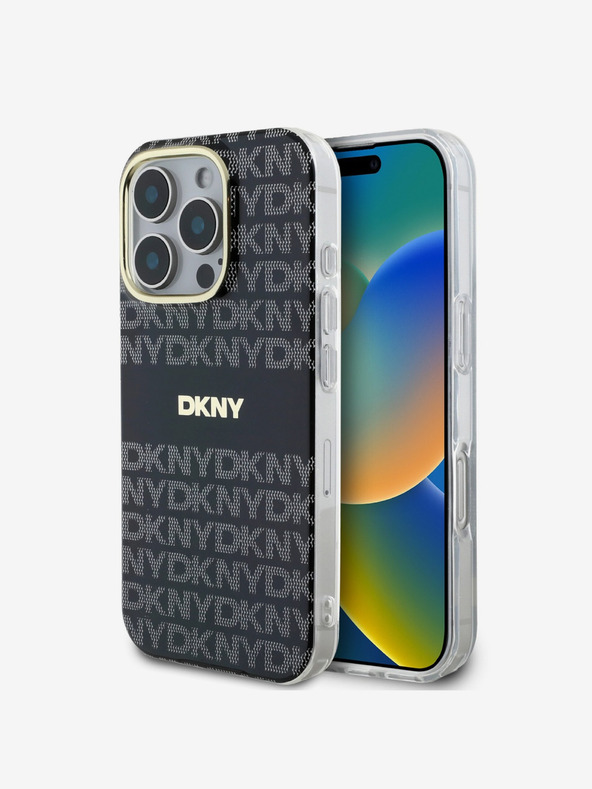 DKNY DKNY PC/TPU ismétlődő mintás, tónusos csíkos Magsafe hátlap iPhone 16 Pro-hoz Fekete