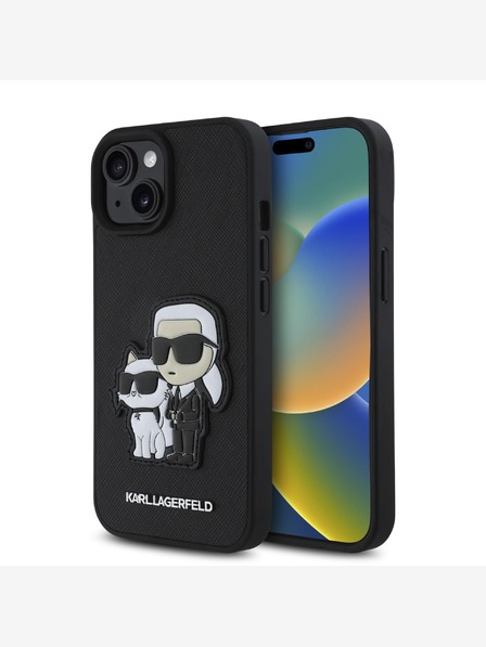Karl Lagerfeld Karl Lagerfeld PU Saffiano Karl és Choupette hátlapi borító iPhone 15 készülékhez Fekete