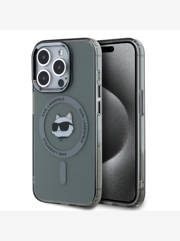 Karl Lagerfeld Karl Lagerfeld IML Choupette Head fémkeretes MagSafe hátlapi borító az iPhone 15 Pro Max készülékhez Fekete