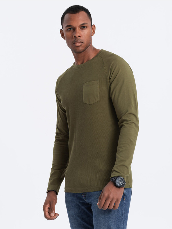 Ombre Clothing Khaki színű férfi alap póló zsebbel Ombre ruházat