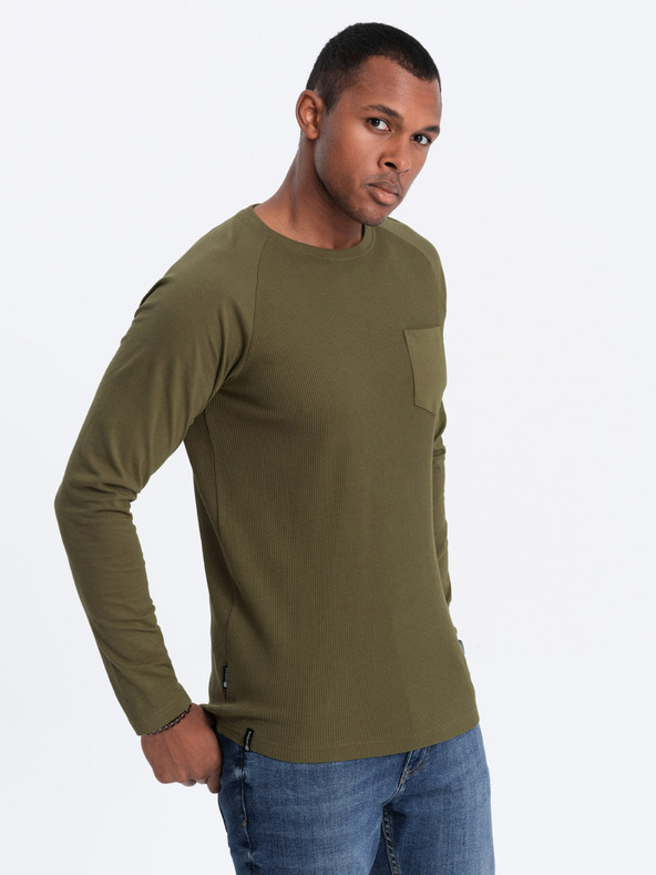 Ombre Clothing Khaki színű férfi alap póló zsebbel Ombre ruházat
