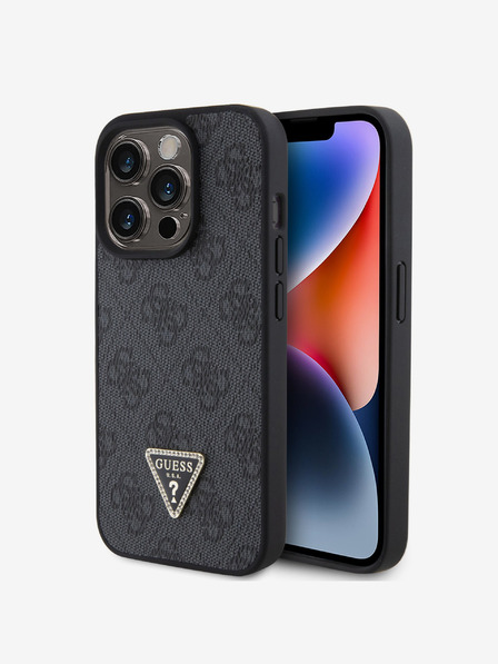 Guess Guess PU PU PU 4G Strass háromszög fém logós hátlap az iPhone 15 Pro Fekete készülékhez