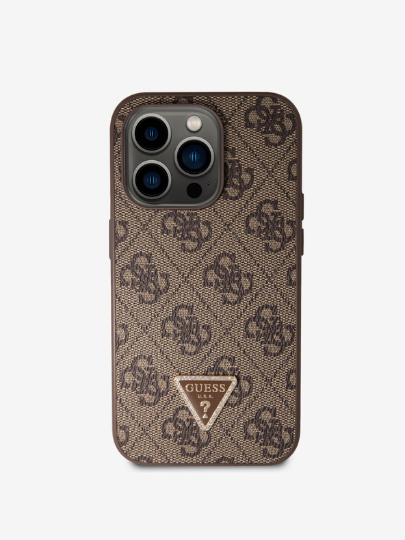 Guess Guess PU 4G Strass háromszög háromszög fém logós hátlap iPhone 15 Pro barna színű iPhone 15 Pro készülékhez