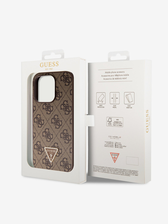Guess Guess PU 4G Strass háromszög háromszög fém logós hátlap iPhone 15 Pro barna színű iPhone 15 Pro készülékhez
