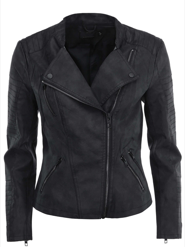 ONLY Fekete női bőr gömbölyded kabát zsebekkel ONLY Biker