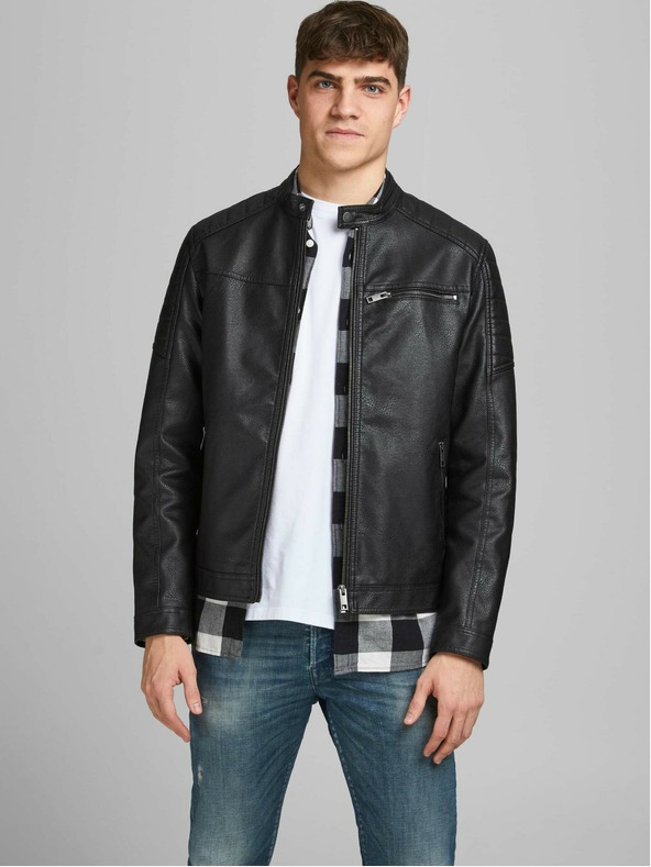 Jack & Jones Fekete bőr Jack & Jones Rocky dzseki