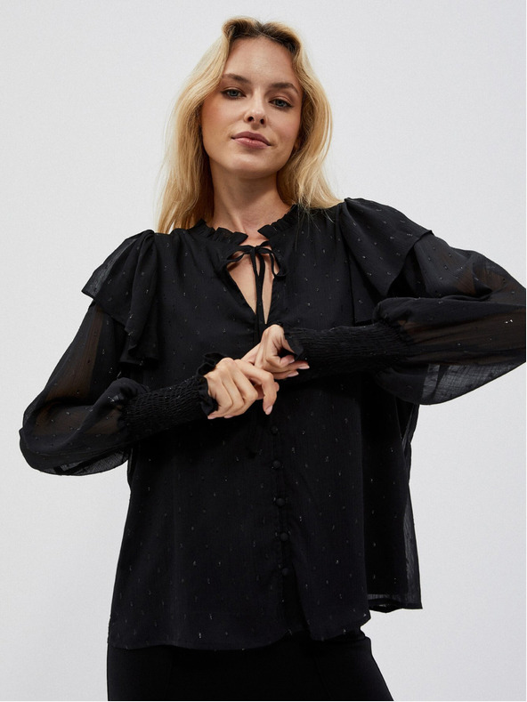 Moodo Fekete női blúz fodros fodrokkal Moodo
