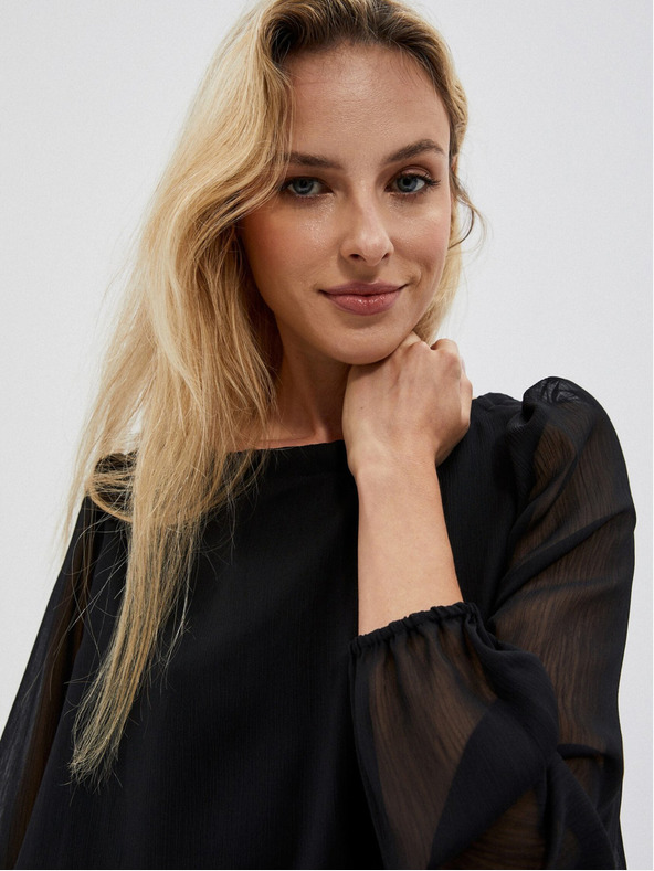 Moodo Fekete női blúz fodros ujjakkal Moodo