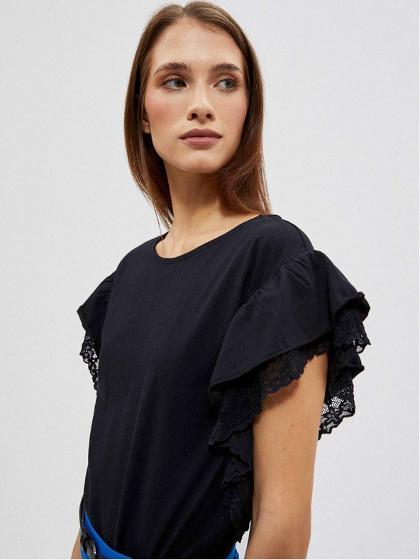 Moodo Fekete női blúz fodros vállakkal Moodo