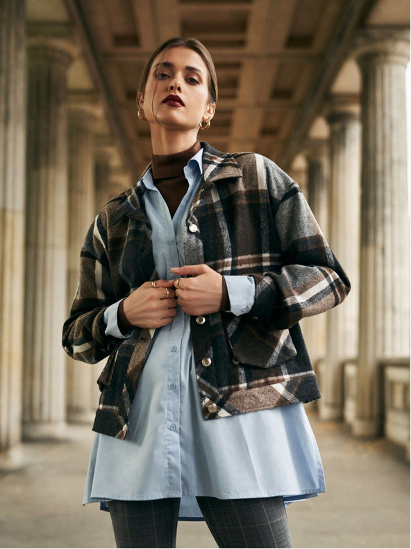 Moodo Moodo szürke és barna női kockás ingkabát