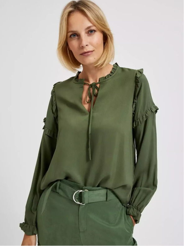 Moodo Khaki színű blúz fodros ujjakkal Moodo