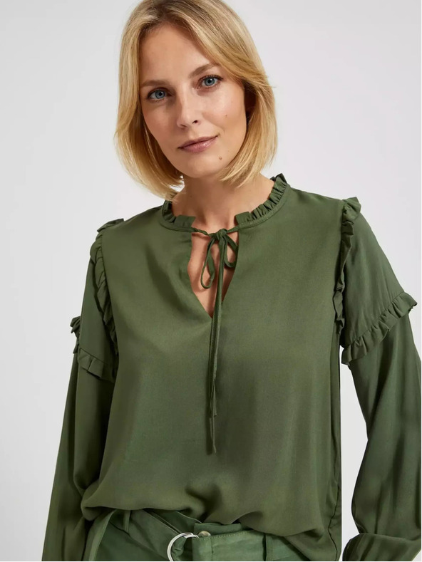 Moodo Khaki színű blúz fodros ujjakkal Moodo