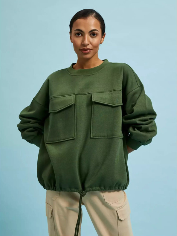 Moodo Khaki színű pulóver nagy zsebekkel és derékra fűzött nyakkendővel Moodo