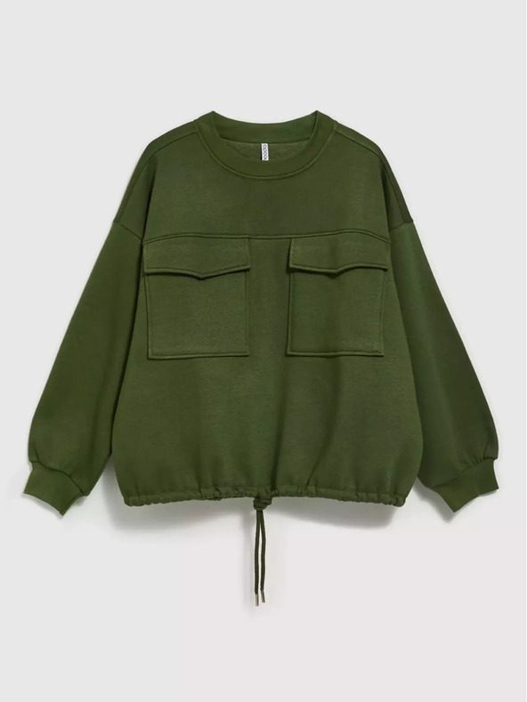 Moodo Khaki színű pulóver nagy zsebekkel és derékra fűzött nyakkendővel Moodo