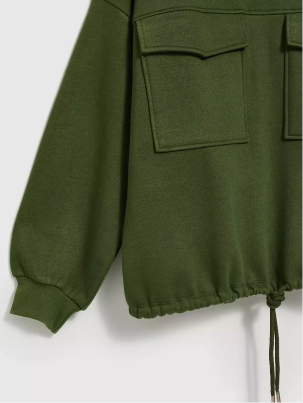 Moodo Khaki színű pulóver nagy zsebekkel és derékra fűzött nyakkendővel Moodo