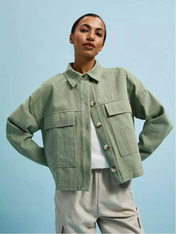 Moodo Olajzöld kabát zsebekkel és gallérral Moodo