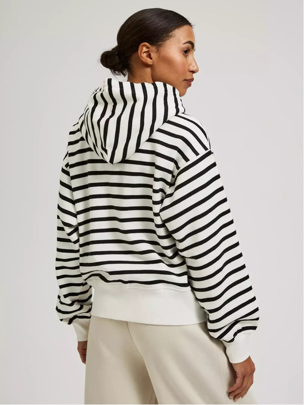 Moodo Fekete-fehér vékony csíkos kapucnis pulóver cipzáras kapucnival Moodo