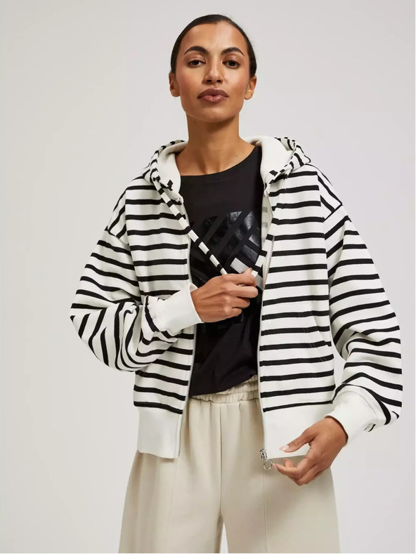 Moodo Fekete-fehér vékony csíkos kapucnis pulóver cipzáras kapucnival Moodo