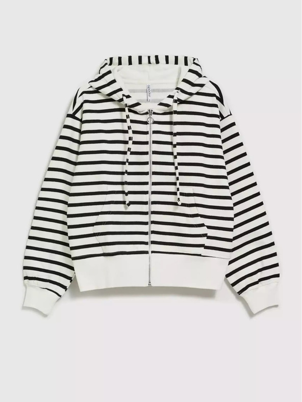 Moodo Fekete-fehér vékony csíkos kapucnis pulóver cipzáras kapucnival Moodo