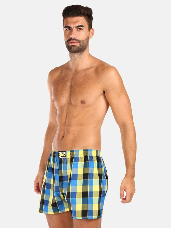 Styx Három darabos férfi kockás rövidnadrág szett világoszöld, sárga és kék színben STYX