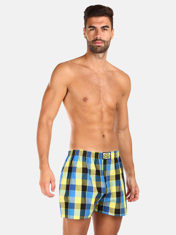 Styx Három darabos férfi kockás rövidnadrág szett világoszöld, sárga és kék színben STYX