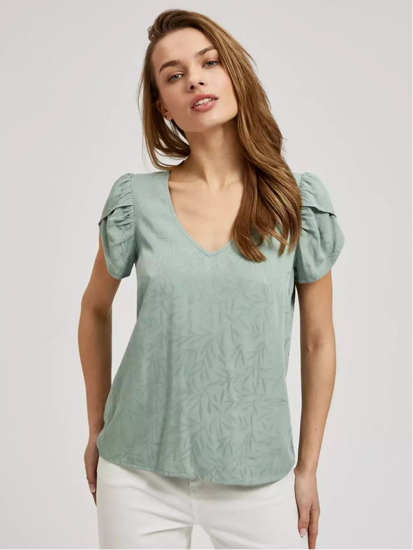 Moodo Zöld V-nyakú póló fodros ujjakkal Moodo