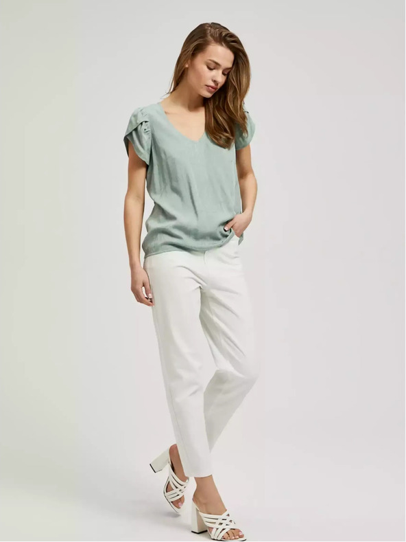 Moodo Zöld V-nyakú póló fodros ujjakkal Moodo