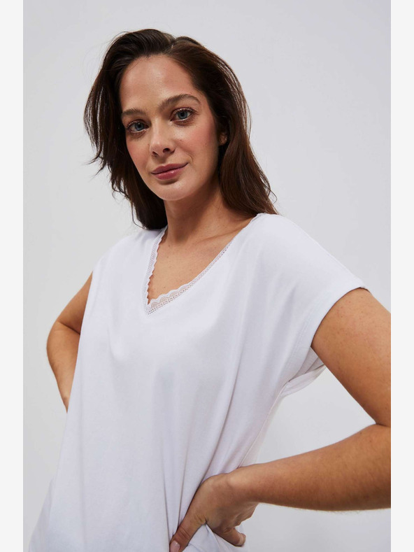 Moodo Fehér női V-nyakú csipkés póló Moodo