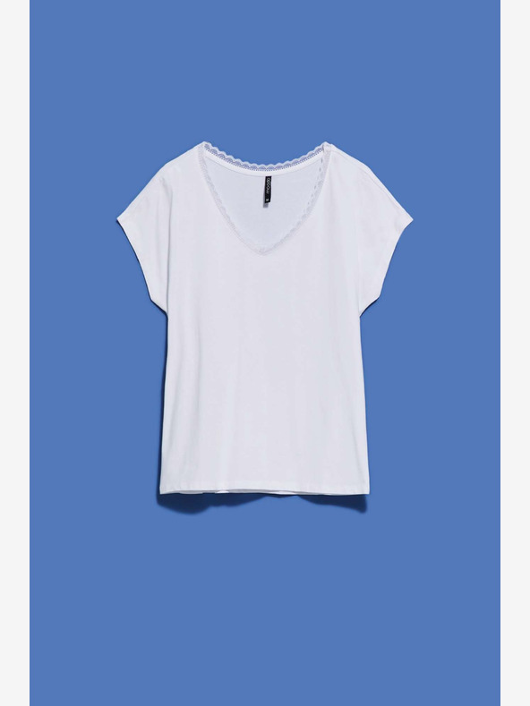 Moodo Fehér női V-nyakú csipkés póló Moodo