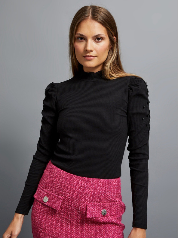 Moodo Fekete női bordás blúz puffos ujjakkal és garbóval Moodo