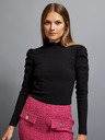 Moodo Fekete női bordás blúz puffos ujjakkal és garbóval Moodo