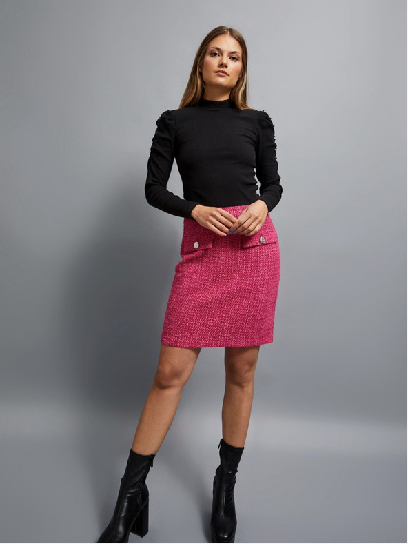 Moodo Fekete női bordás blúz puffos ujjakkal és garbóval Moodo